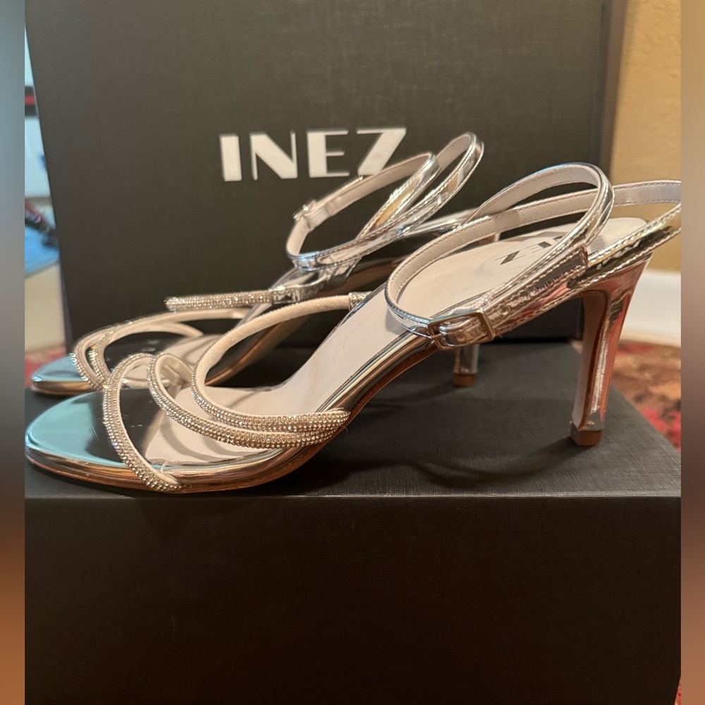 INEZ Sofia Silver Metallic Mid-Heel Sandals with Crystals - Picture 2 of 9